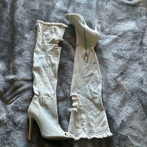 Light Gray Over-the-Knee Stiletto Boots with Distressed Trim